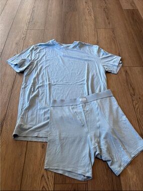 SKIMS Light Blue Boxer Briefs and Tee Set
